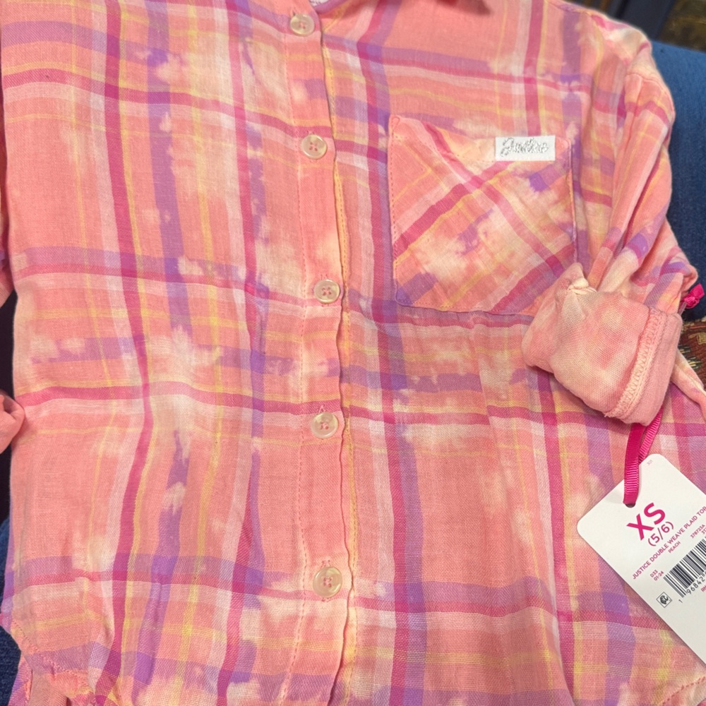 Justice Pink and Purple Plaid Button Down Shirt